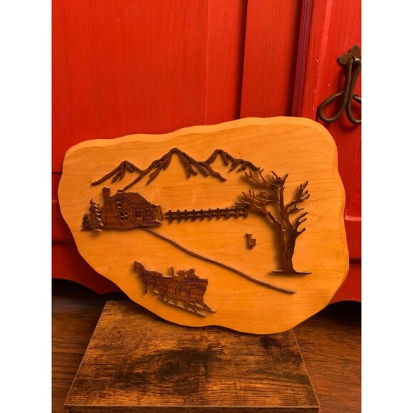 Scroll Saw 3D Wood Pattern Artisan Made Wall Hanging Mountains Cabin Sleigh EUC - Picture 1 of 6